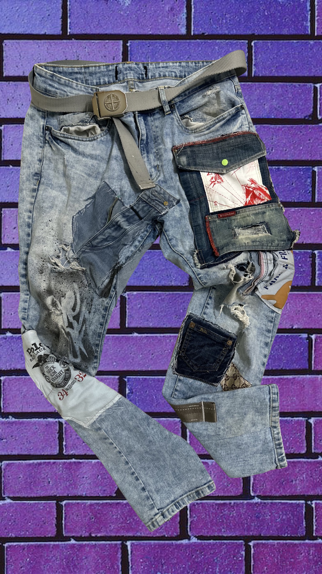 “DOH HEAD” patchwork denim (men’s 34-wmns 14-16)
