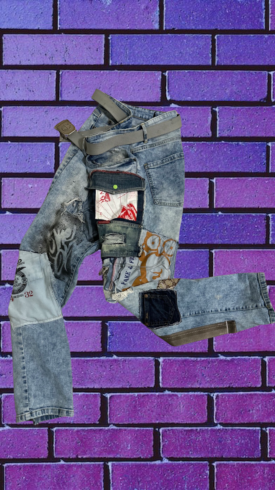 “DOH HEAD” patchwork denim (men’s 34-wmns 14-16)