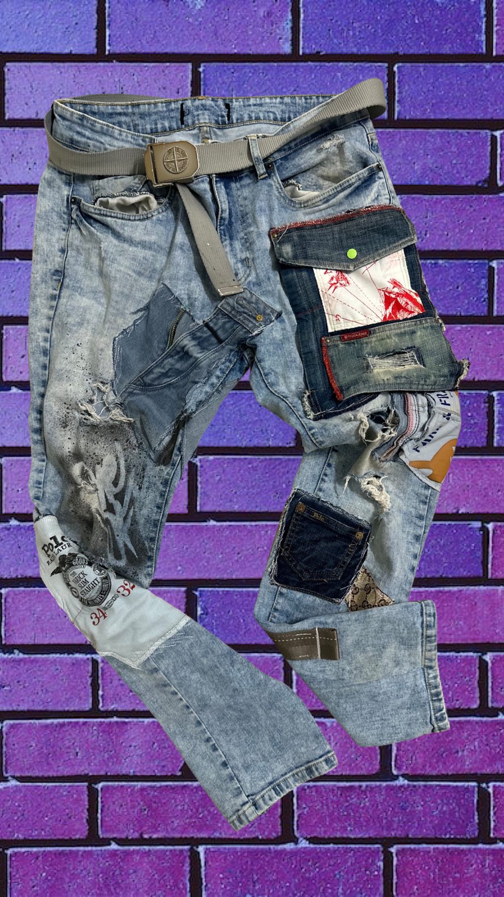 “DOH HEAD” patchwork denim (men’s 34-wmns 14-16)